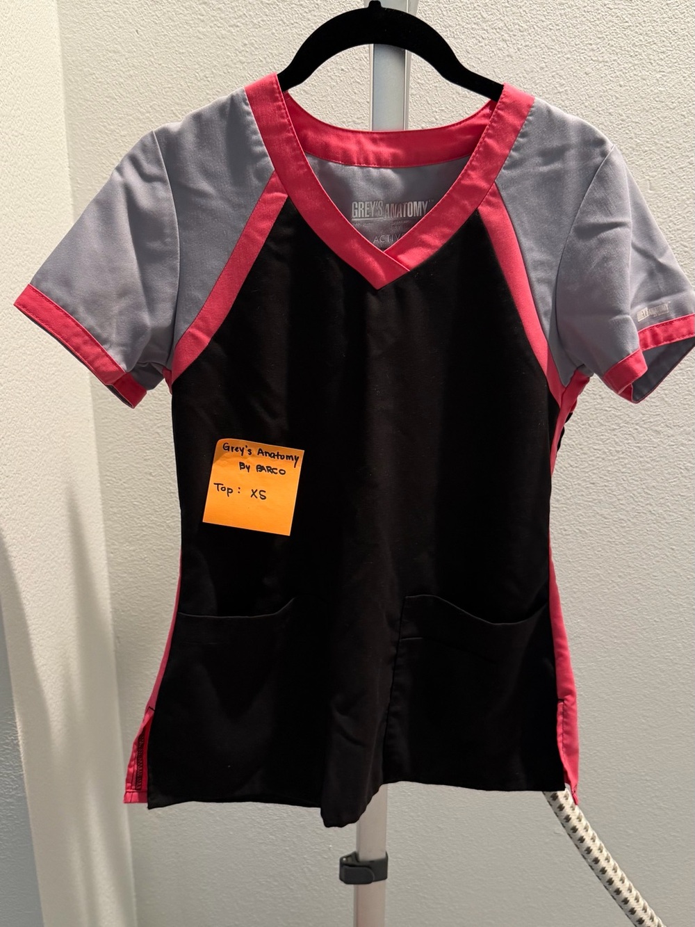 Grey's Anatomy Black Scrub Top with Pink Trim and Gray Sleeves